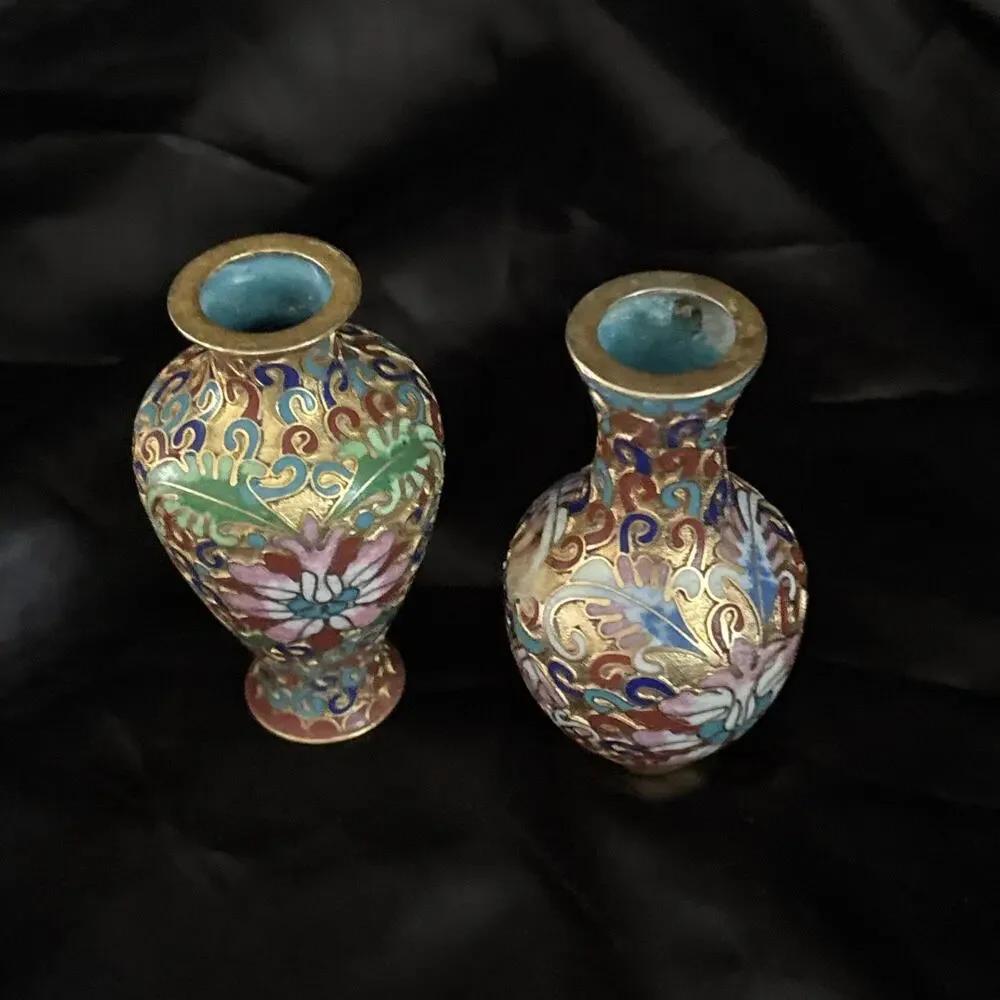 2 Vintage Cloisonné Vase Set Mini Vases Vibrant Blue Pink Gold Floral Design 3”